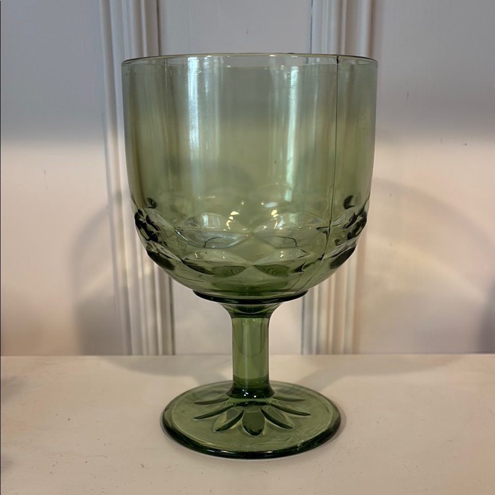 Indiana Glass Avocado Green Goblet Thumbprint Footed Stemmed Vintage 6"
